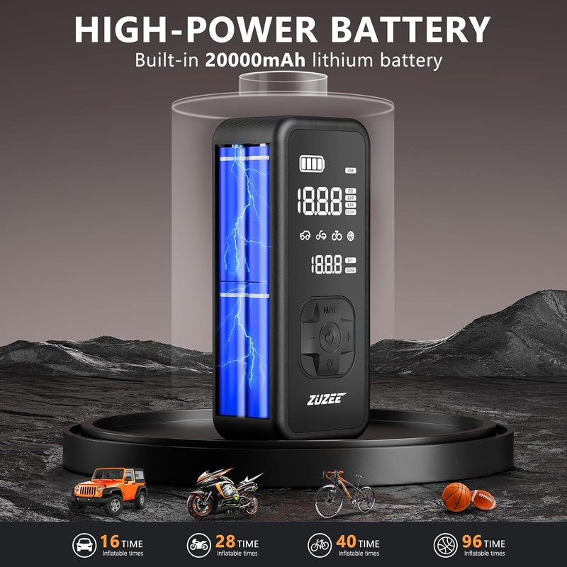 ZUZEE ضاغط هواء محمول لتضخيم الإطارات - تضخيم أسرع 4 مرات، مضخة هواء 150PSI لإطارات السيارات مع مقياس ضغط رقمي/ضوء LED، ضاغط هواء محمول للسيارة، الدراجة النارية، الدراجة، الكرة، إلخ (أسود) - Image 3